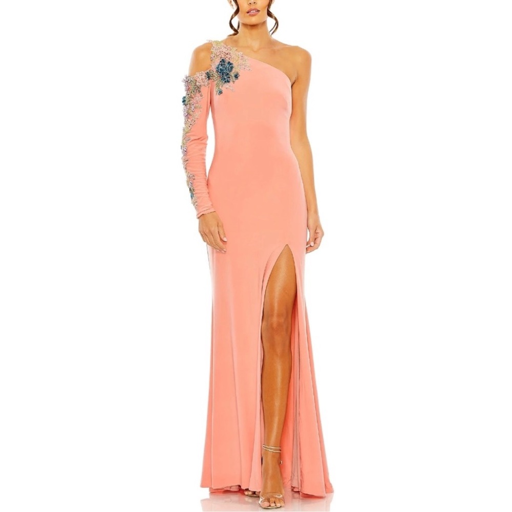 Mac Duggal Peach Multi Floral One Shoulder Long Sleeve Maxi Gown - Reemoly